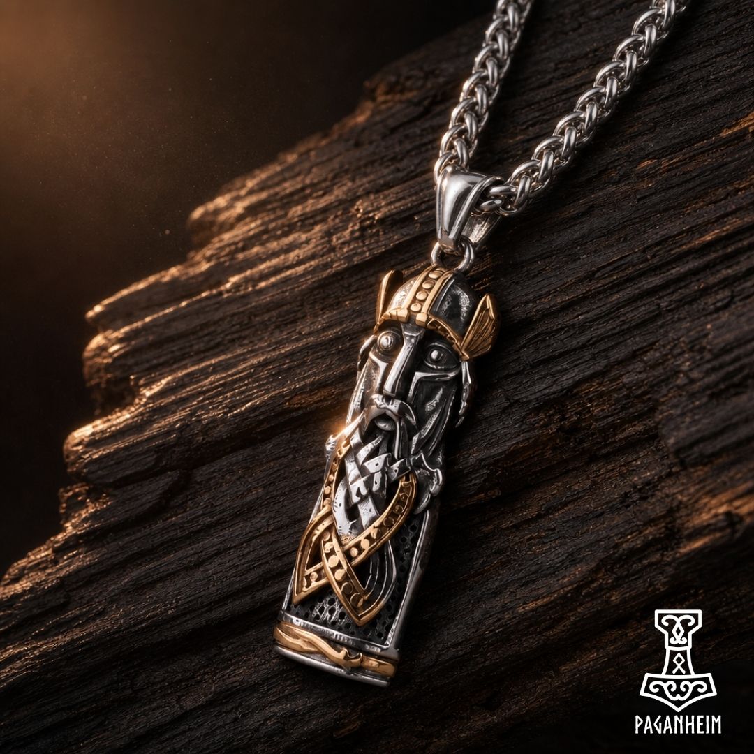 A silver-toned Viking bearded warrior pendant necklace with gold accents, resting on a dark textured piece of wood.