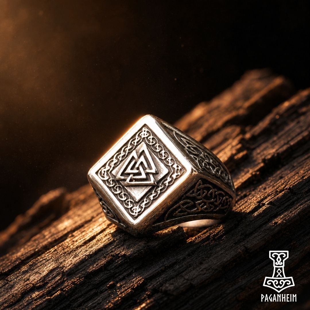 Closeup of Valknut signet ring showing detailed interlaced patterns