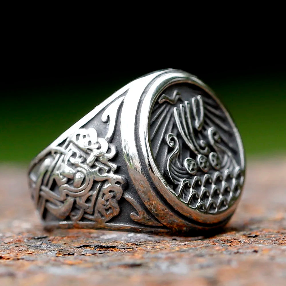 Detailed close-up of Drakkar longship design on ring crown