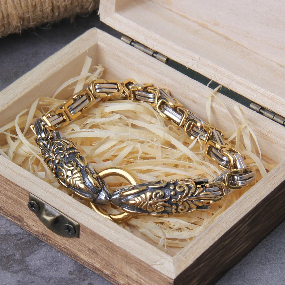 Dual Serpent Head Byzantine King Chain Viking Bracelet 0 The Pagan Trader Silver & Gold 19cm