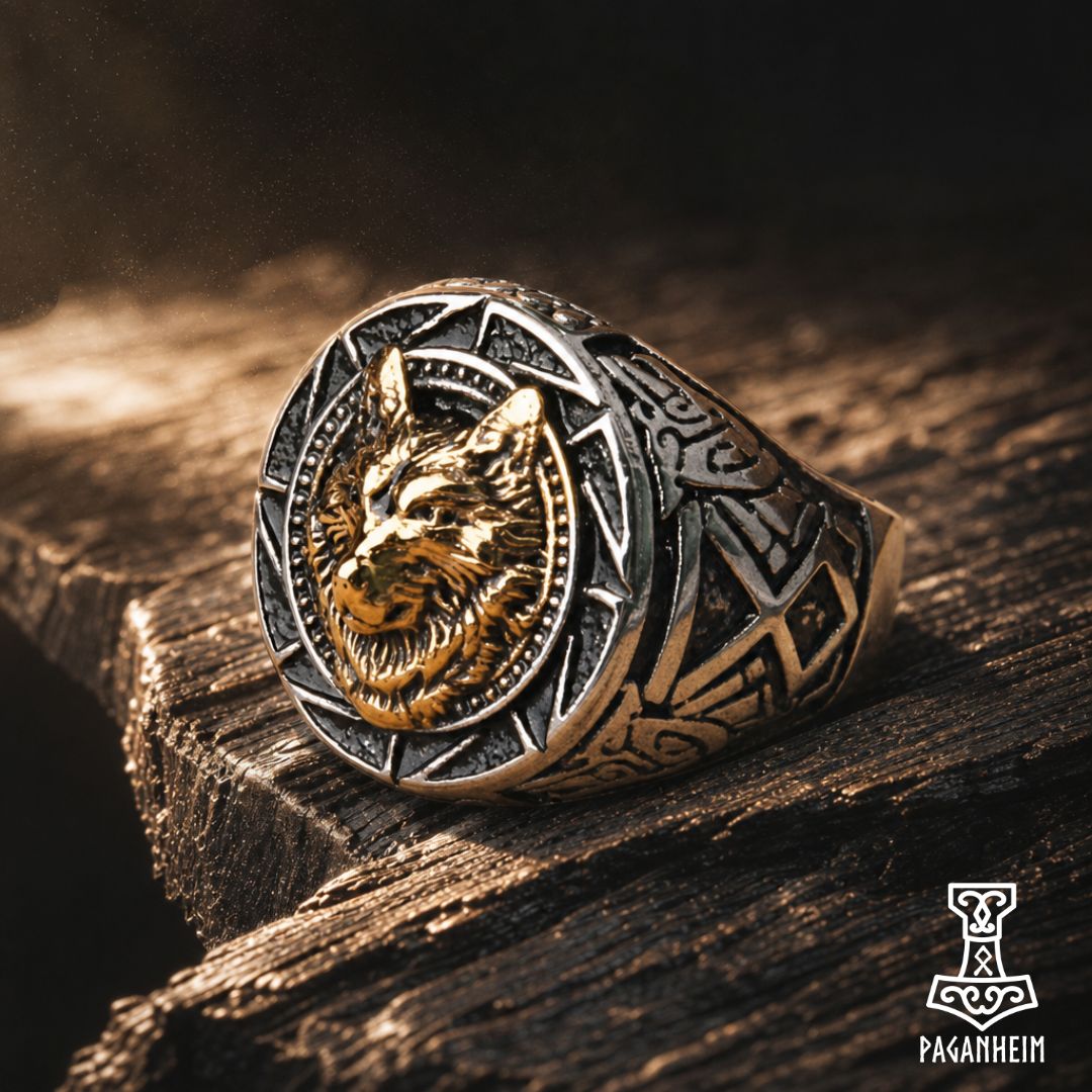 Silver ring featuring engraved wolf head and Othala rune