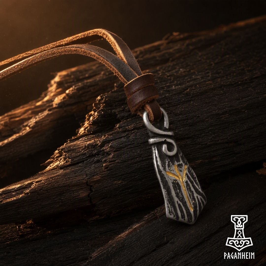 Closeup of Algiz rune necklace showing gold‑filled engraving