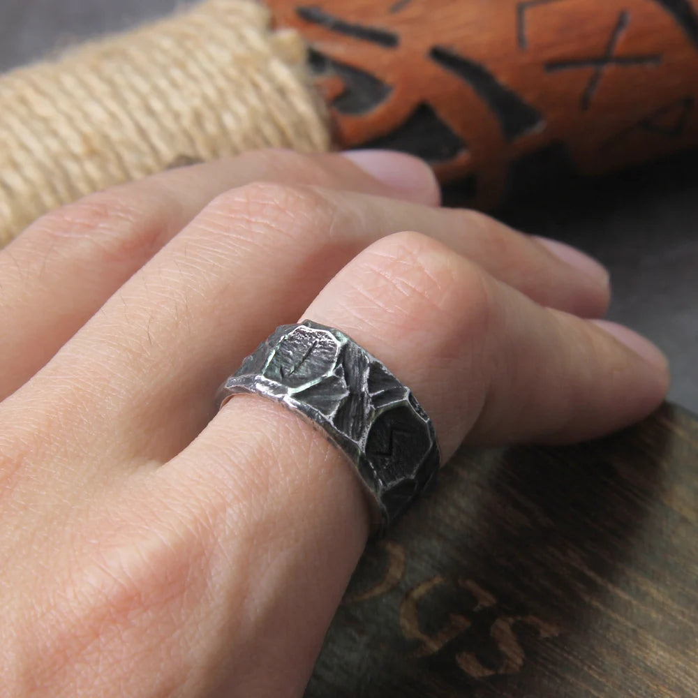 Viking Punk-Style Ring with Elder Futhark Rune Carvings The Pagan Trader