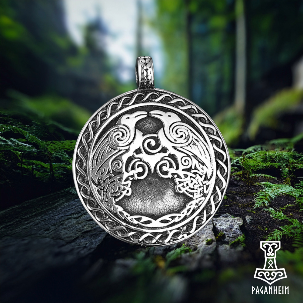 Germanic pendant showing Odin’s ravens and triskele design.