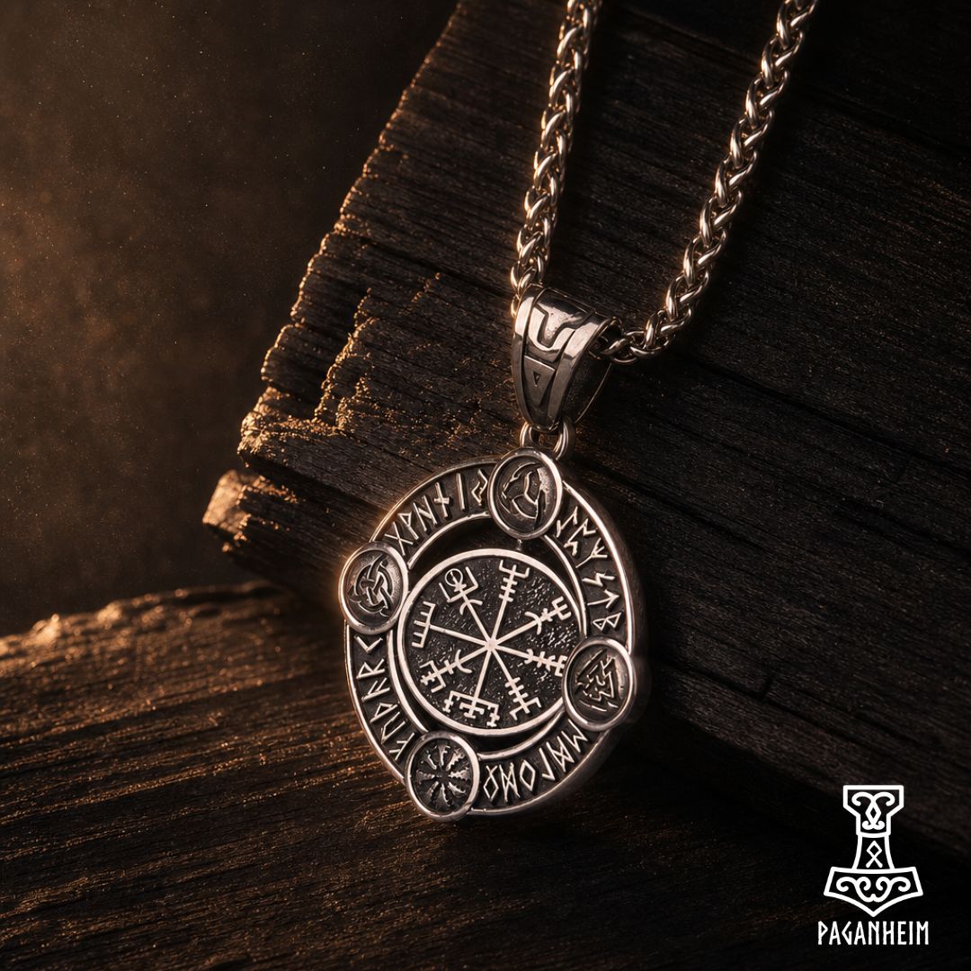 Silver pendant featuring rotating Vegvísir symbol and runic engravings