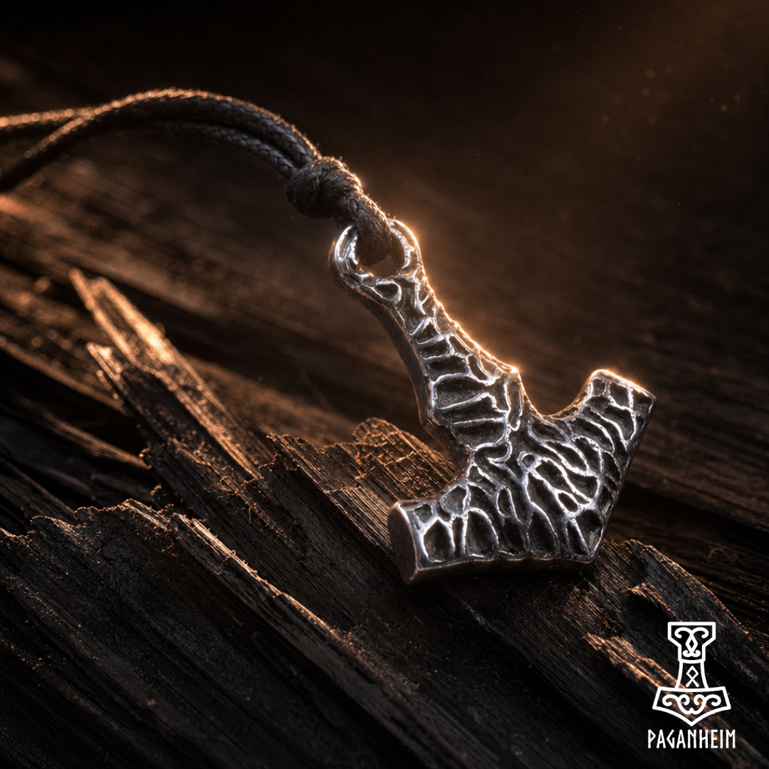 A hammered silver-toned Thor's Hammer pendant on a dark cord, resting on dark textured wood with dramatic warm lighting.