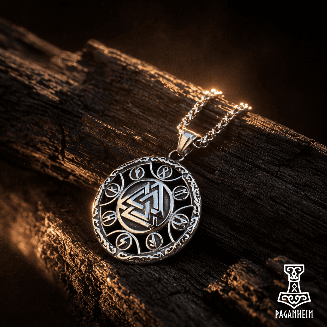 Metal Valknut amulet surrounded by runes