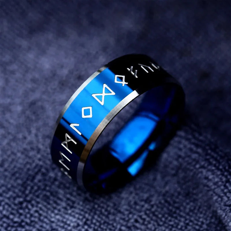 Shiny blue ring with rune engravings on stainless steel
