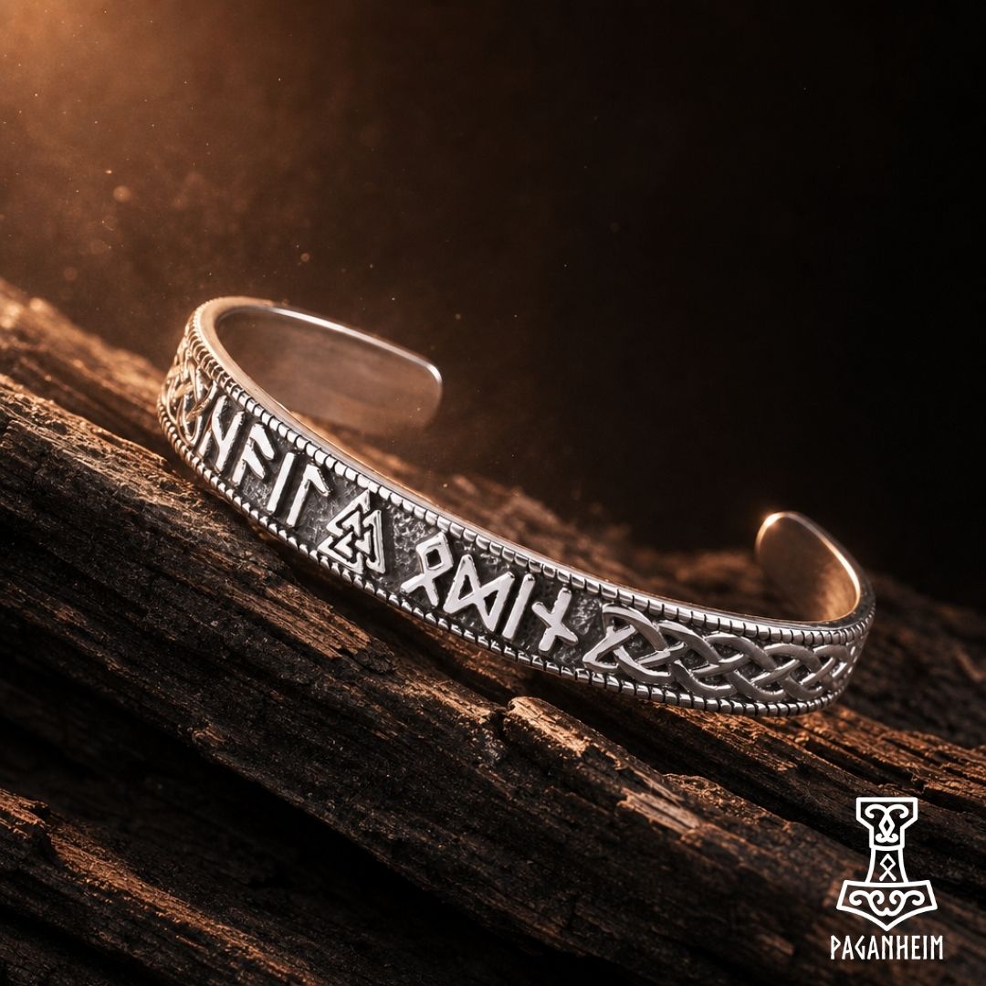 Stainless steel Valknut cuff bracelet in silver.