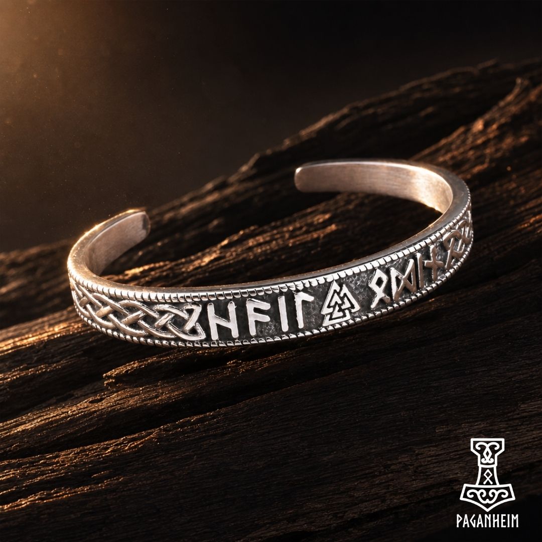Front view of the Valknut bangle with Elder Futhark runes.