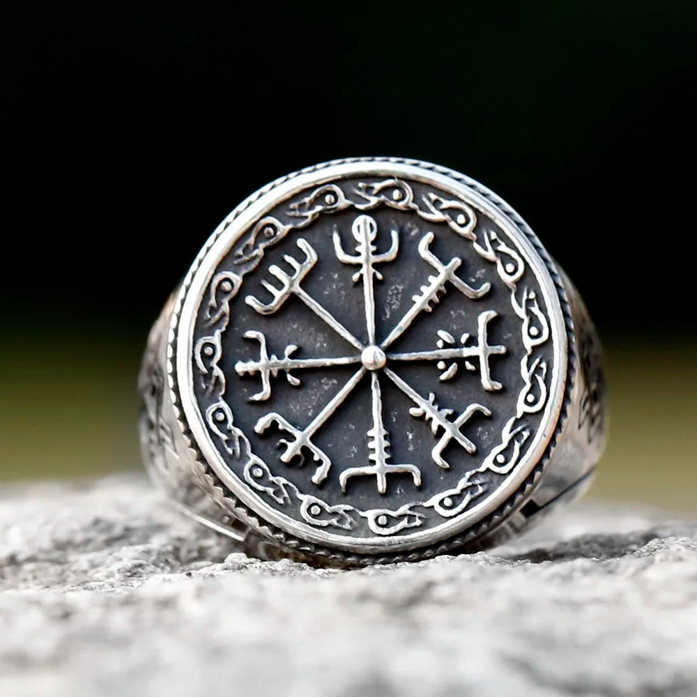 Vegvísir & Gungnir Symbol Engraved Ring 0 The Pagan Trader