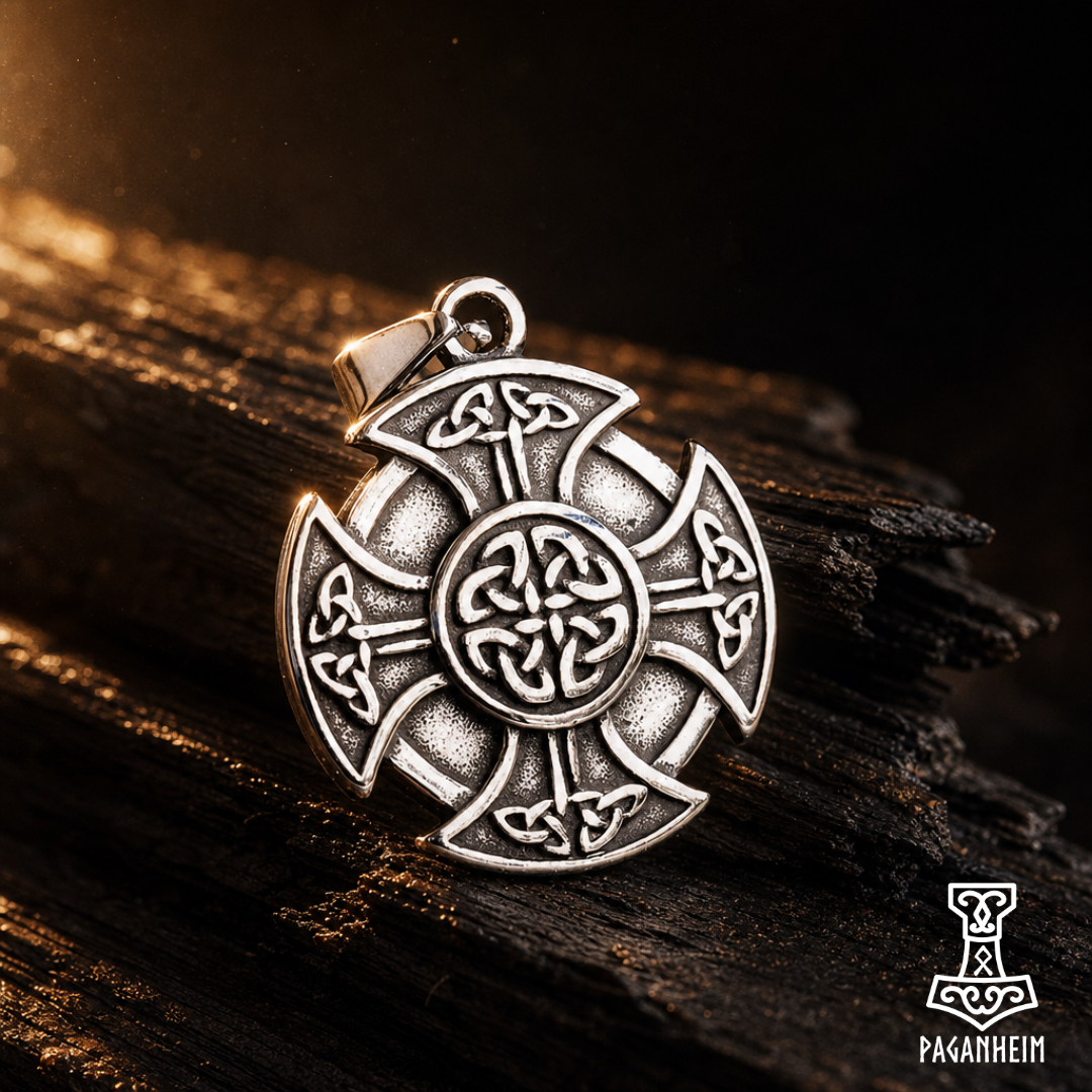An antiqued silver Viking-style cross pendant with intricate Celtic knotwork designs, resting on a dark textured piece of wood with dramatic warm lighting.