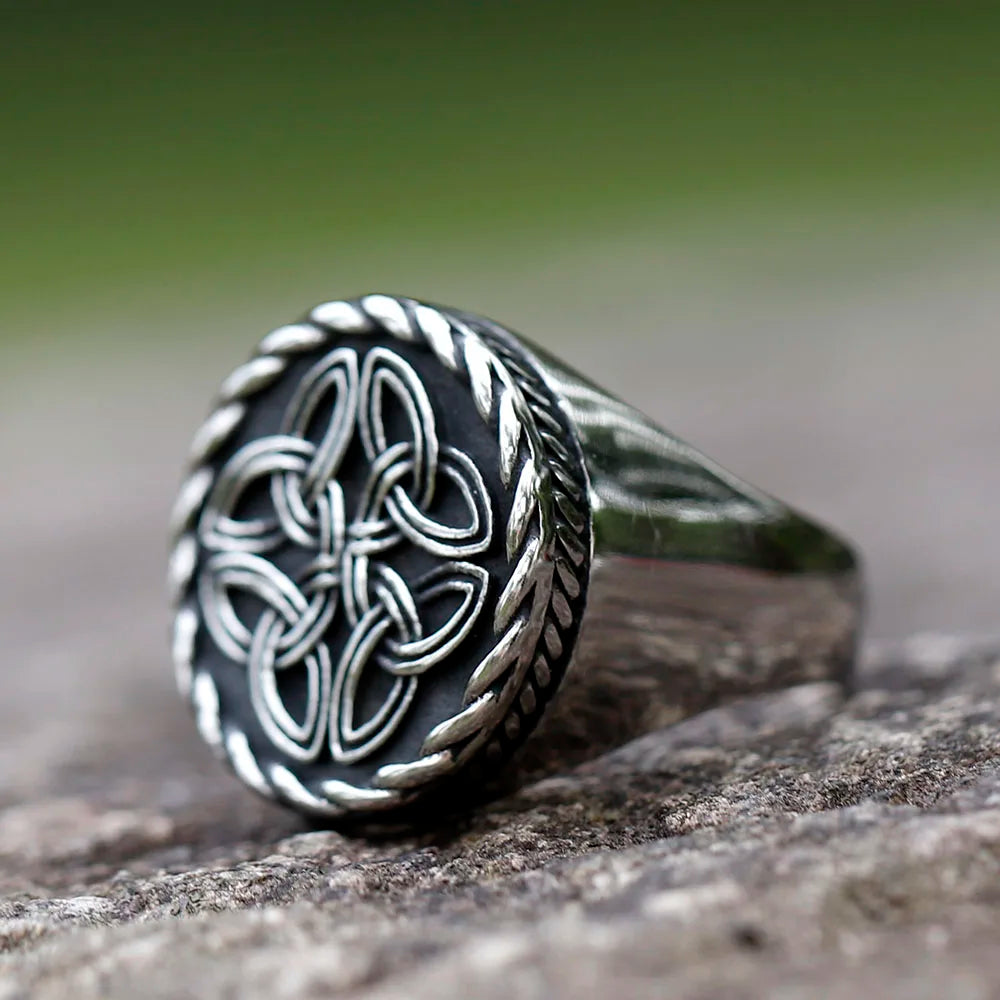 Engraved Celtic Knot symbol on a stainless steel ring.