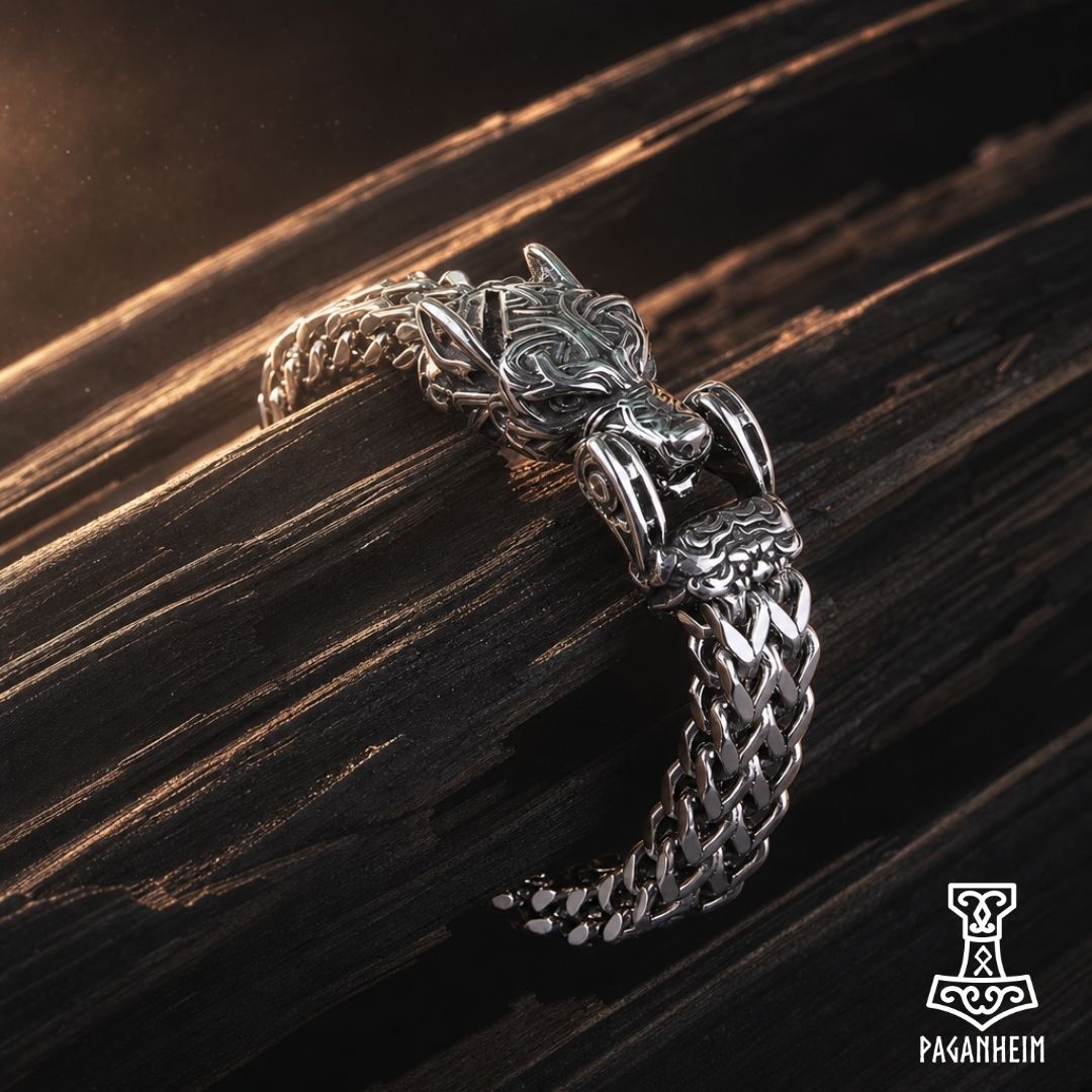 Polished stainless steel bracelet with Fenrir wolf head resting on dark wood surface