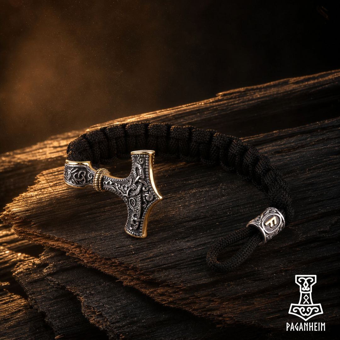 Stainless steel bracelet with Thor’s hammer and rune bead design