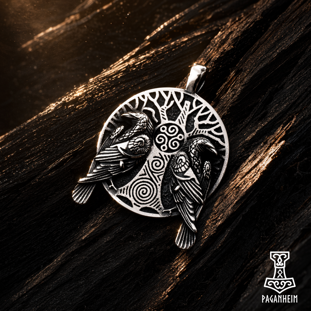 Raven and tree symbol engraved on stainless steel amulet