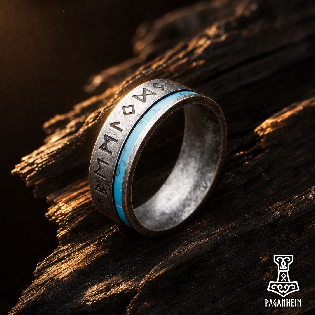 A silver-toned Viking-style ring with engraved runes and a bright blue inlay, resting on dark textured wood.