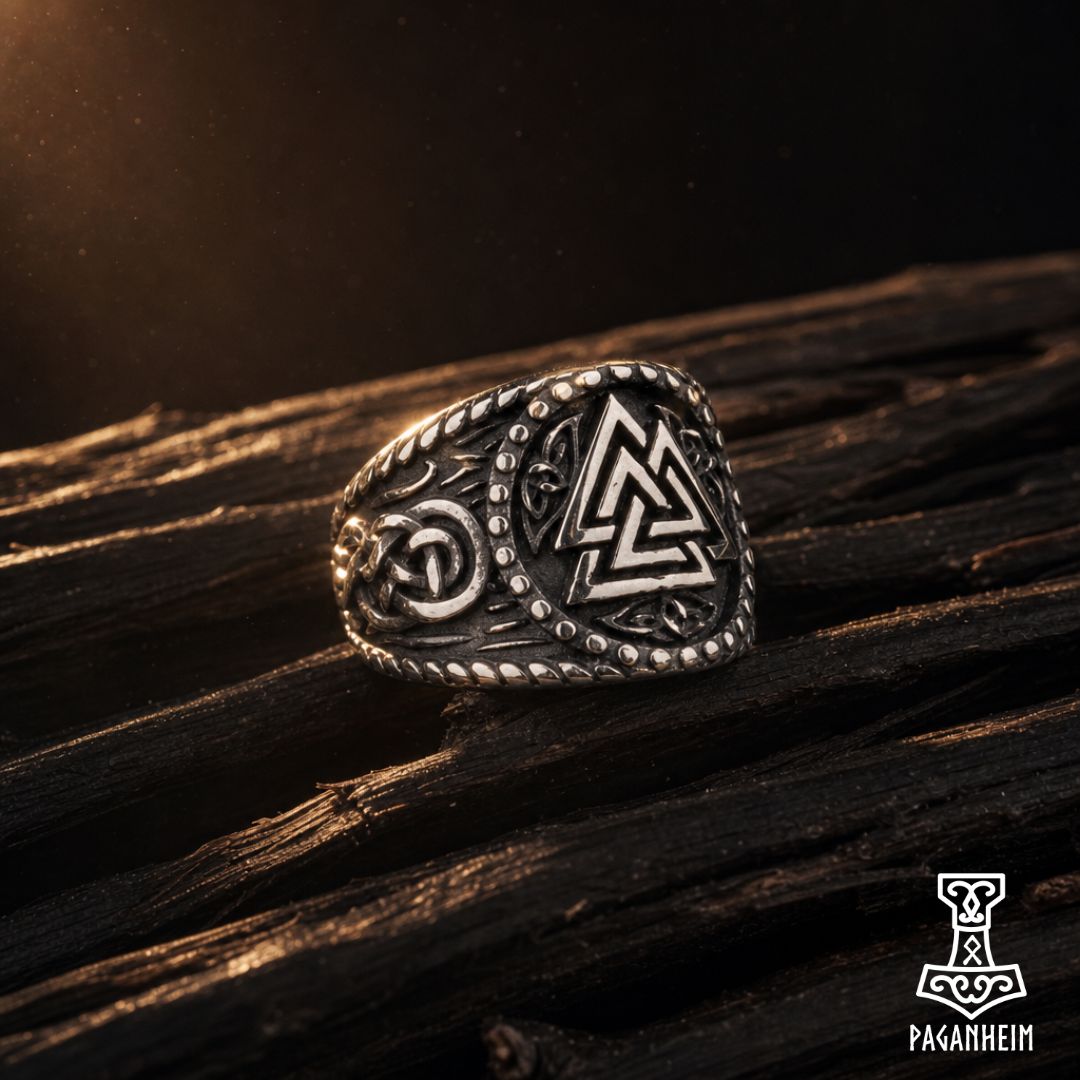 Ancient-style Valknut ring with Web of Wyrd artistry.