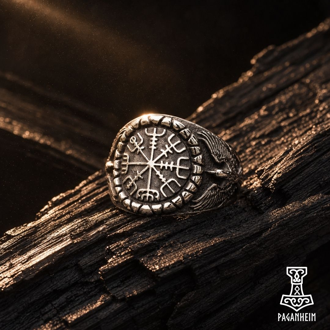 Norse Vegvísir ring resting on wooden surface
