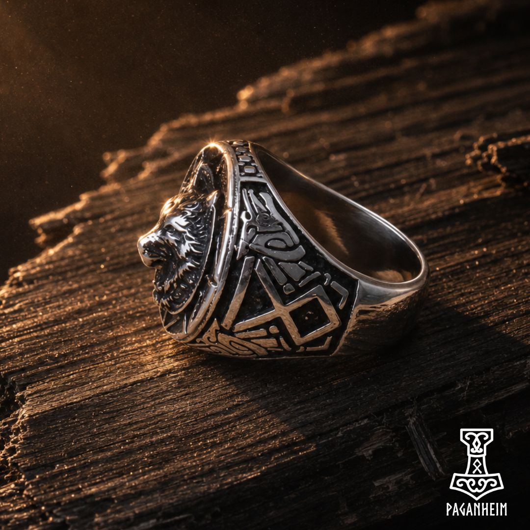 Silver ring featuring engraved wolf head and Othala rune