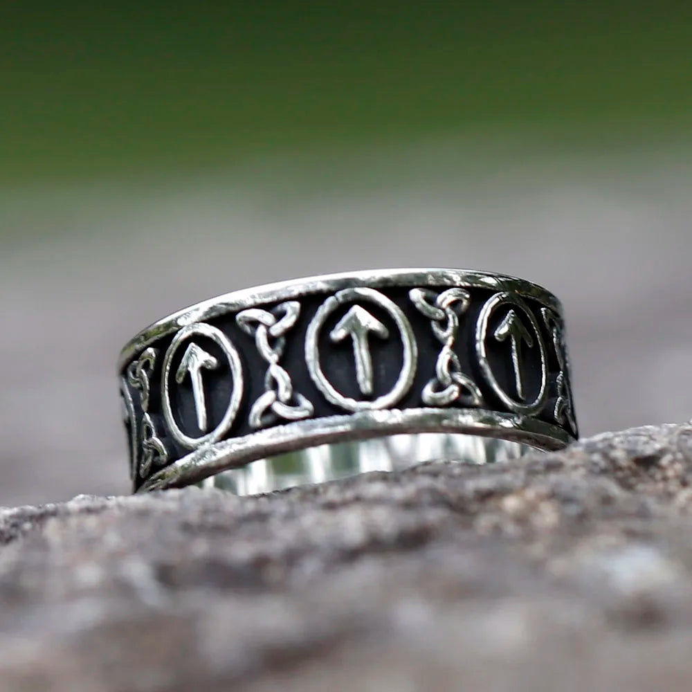 Tiwaz rune ring featuring Norse warrior symbols