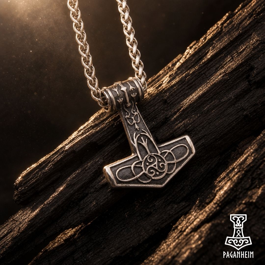 Pendant shaped like Thor’s hammer with Triquetra and Algiz rune engravings