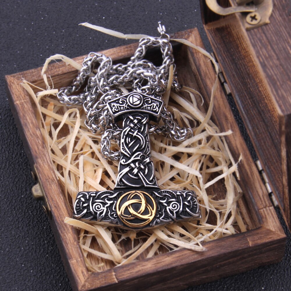 Triquetra Mjölnir - Gold & Silver Nordic Urnes Art Engraved Thor's Hammer 0 The Pagan Trader