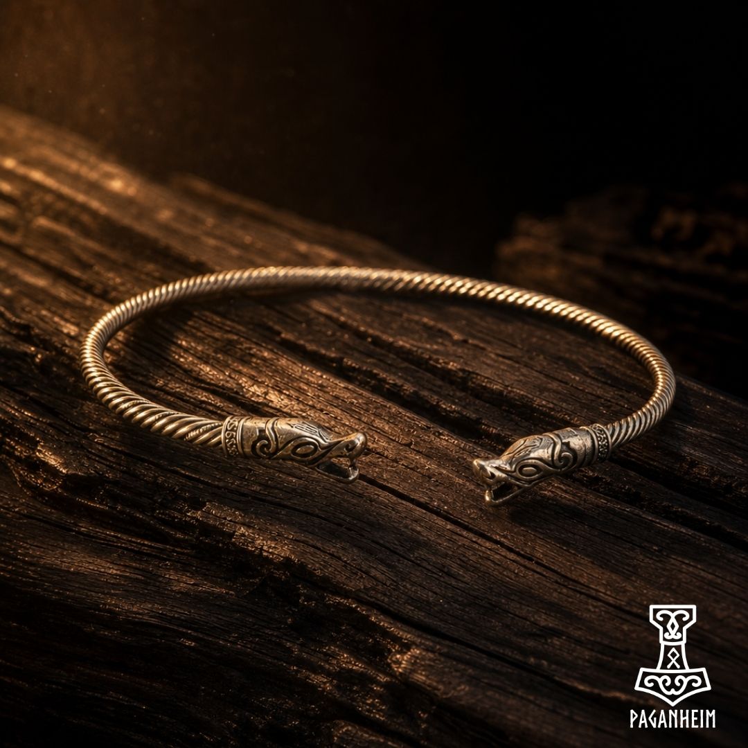 A silver-toned open cuff bracelet with ornate dragon-head closures, displayed on a dark textured wooden surface.