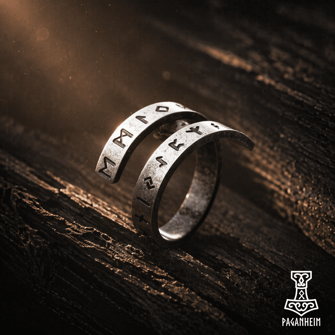 Spiral metal ring engraved with Elder Futhark runes