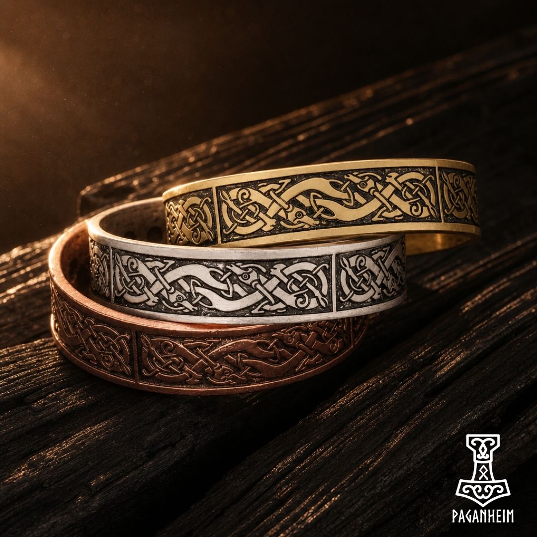 Three Norse-style Celtic knot band bracelets in gold, silver, and rose gold, featuring detailed relief carvings of a wolf and knotwork patterns, displayed on a dark wooden surface.