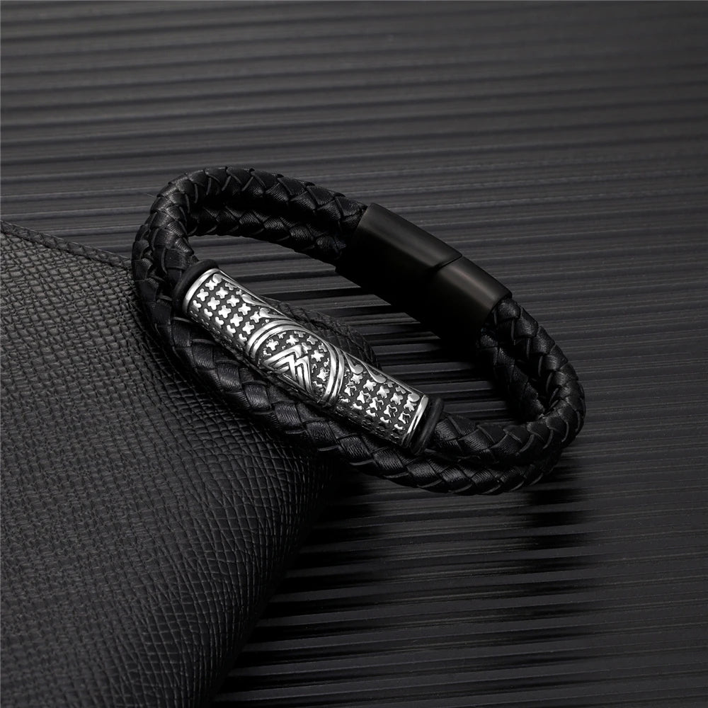 Odin symbol Valknut bracelet in leather and steel design.