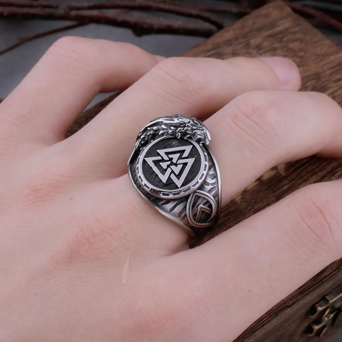 Valknut ring featuring the iconic Valknut symbol elegantly engraved in the crown.