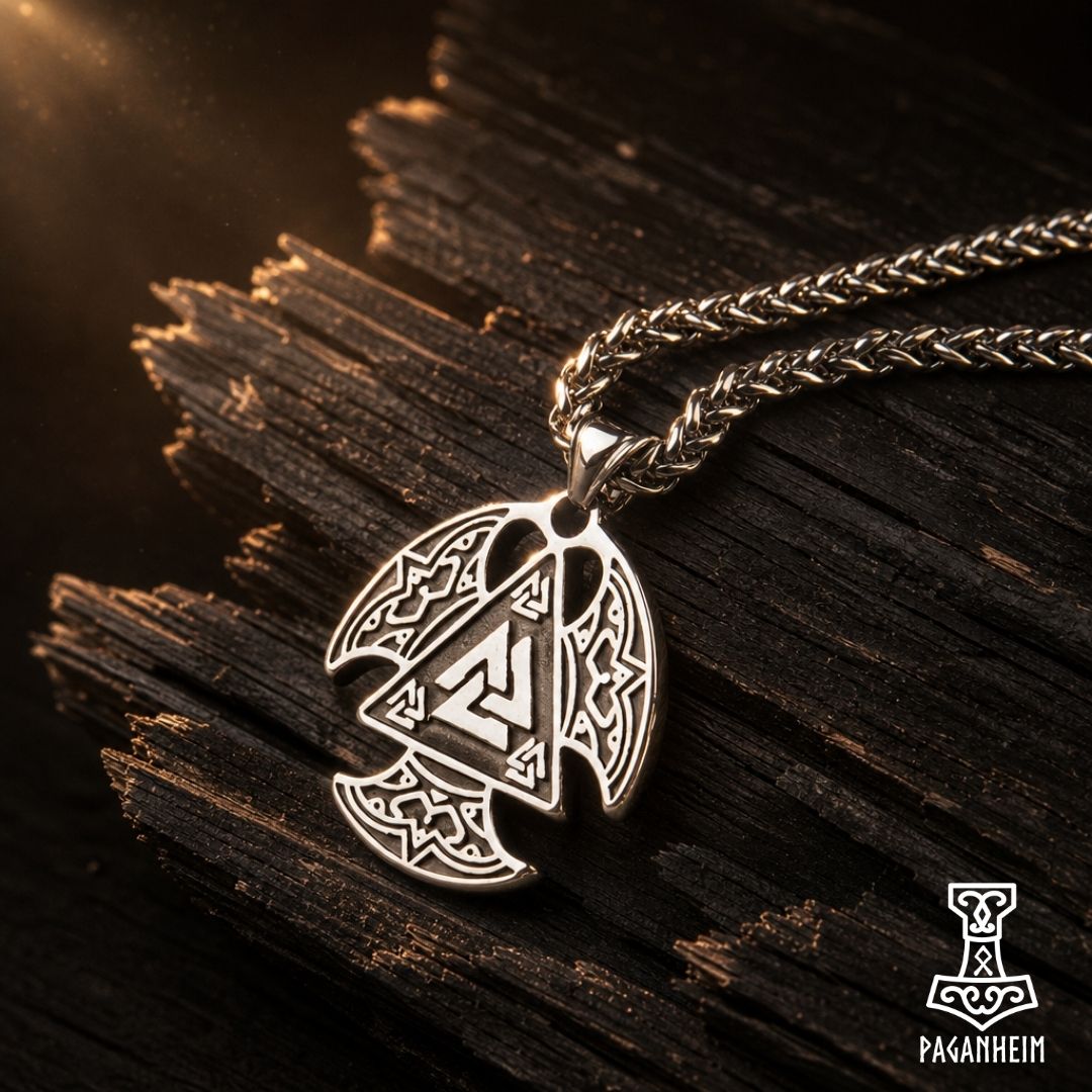 A silver-toned Norse-style pendant necklace with an engraved triangular symbol and knotwork details, resting on dark weathered wood. The chain is draped over the wood, and a small 'Paganheim' logo appears in the bottom right corner.