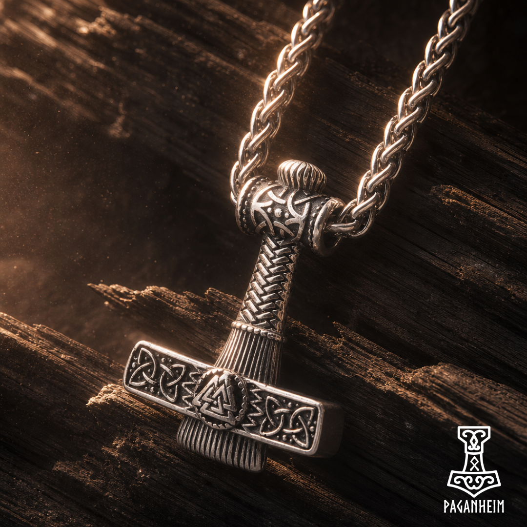 A silver-toned Viking-style hammer pendant necklace with intricate knotwork and relief details, hanging from a braided chain against a dark textured wooden background. The brand name 'Paganheim' is visible as a logo in the bottom right corner.