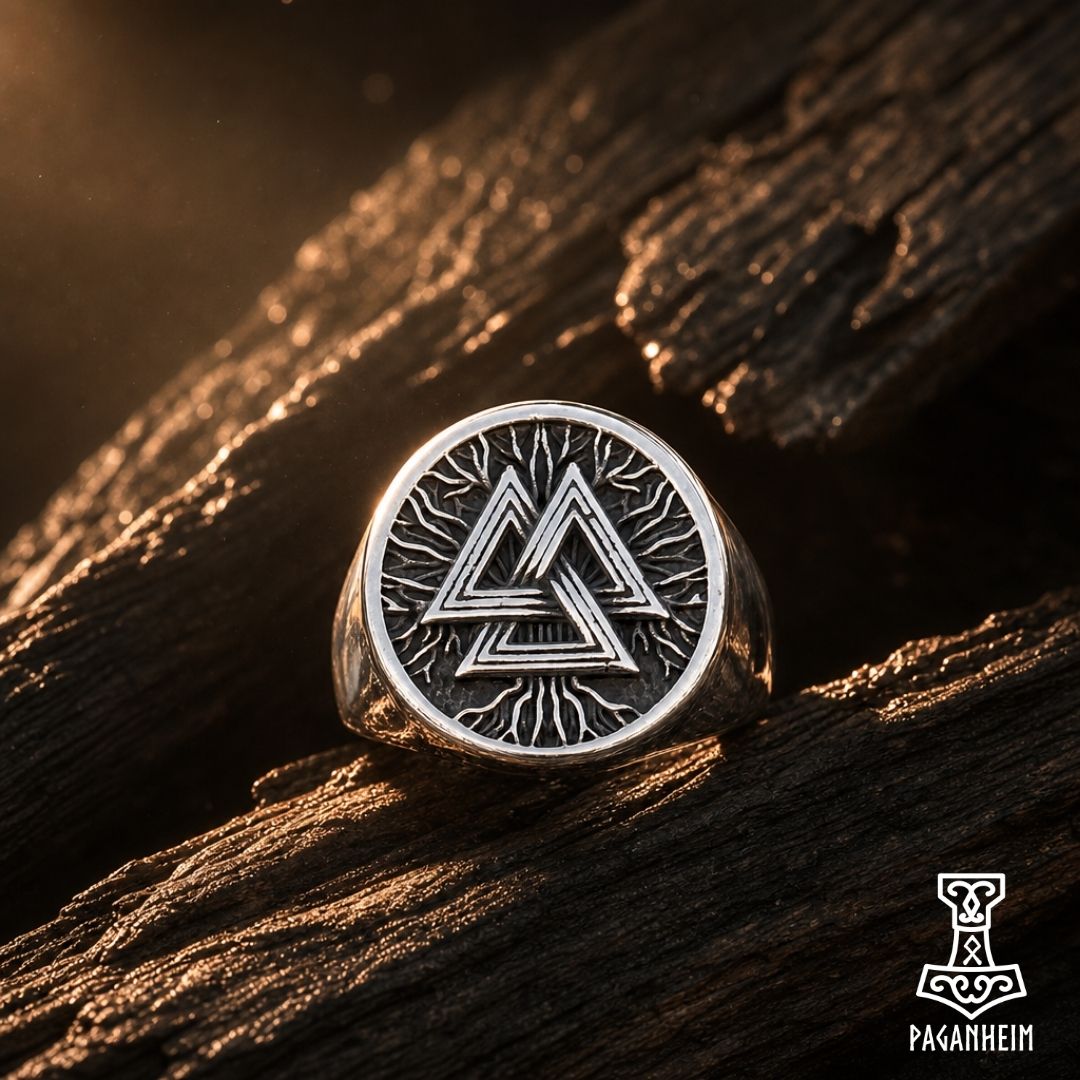 Stainless steel ring featuring Valknut symbol associated with Odin.