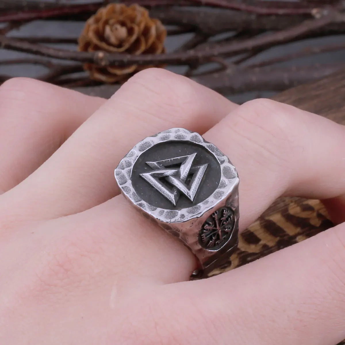 Leif's Talisman - Valknut Vegvísir Carved Icelandic Viking Ring The Pagan Trader
