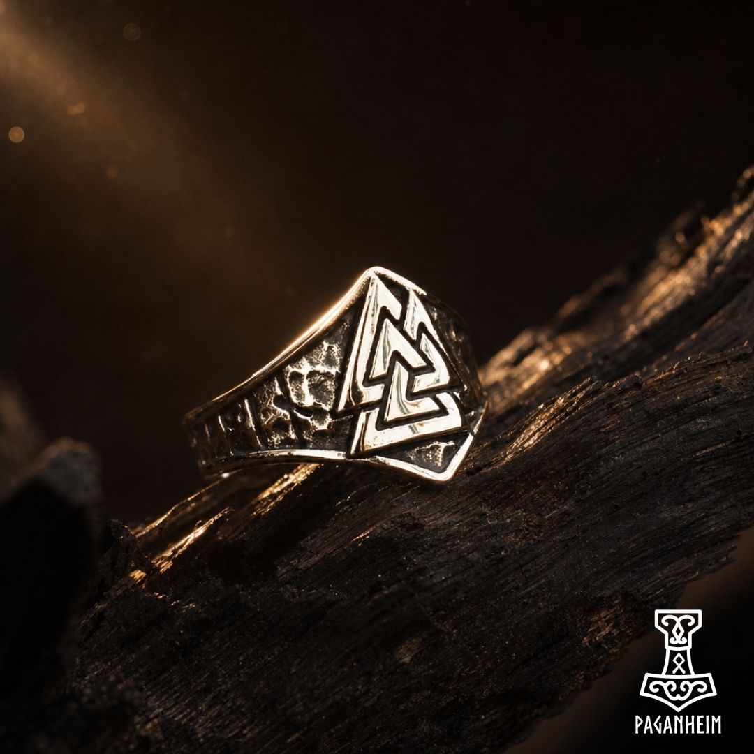 Runic Norse ring with carved‑stone style Valknut emblem