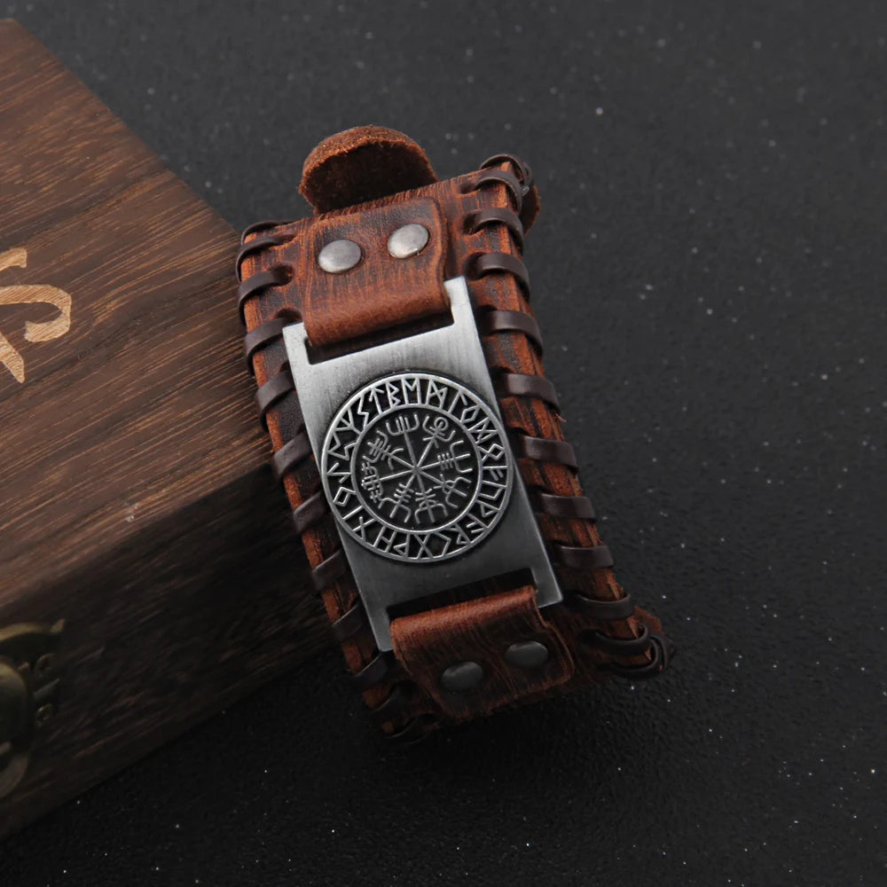 Icelandic Vegvísir Talisman - Rustic Wide Leather Viking Bracelet The Pagan Trader Brown