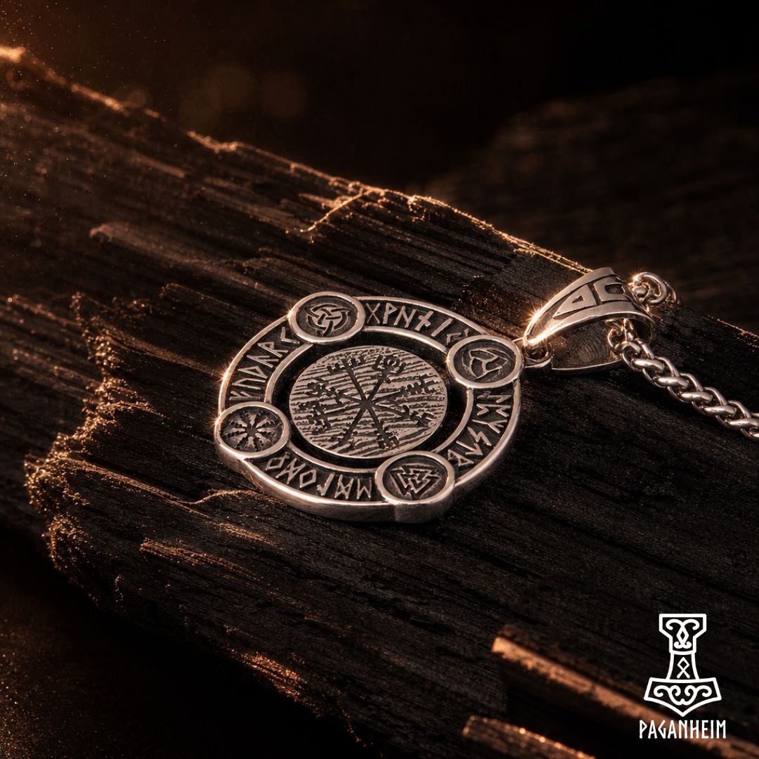 Norse Vegvísir necklace resting on wooden surface under warm light