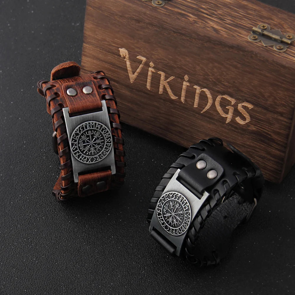 Icelandic Vegvísir Talisman - Rustic Wide Leather Viking Bracelet The Pagan Trader