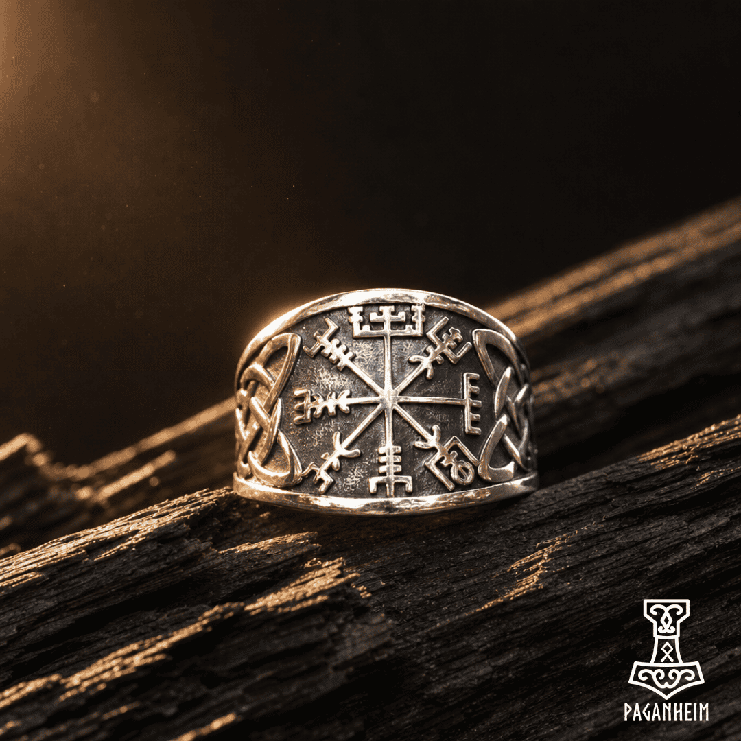 Stainless steel ring featuring Vegvísir Viking compass with knotwork sides