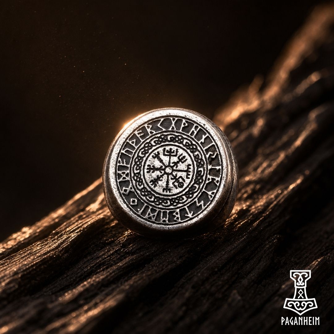 Ring featuring Vegvísir symbol surrounded by Elder Futhark runes and raven engraving