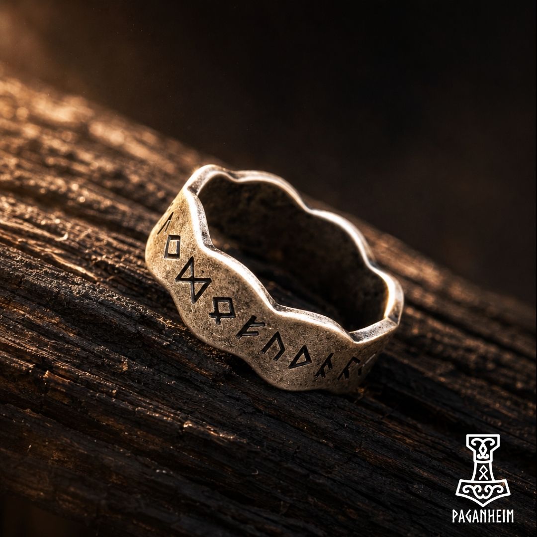Stainless steel ring with crown‑shaped band engraved with Elder Futhark runes