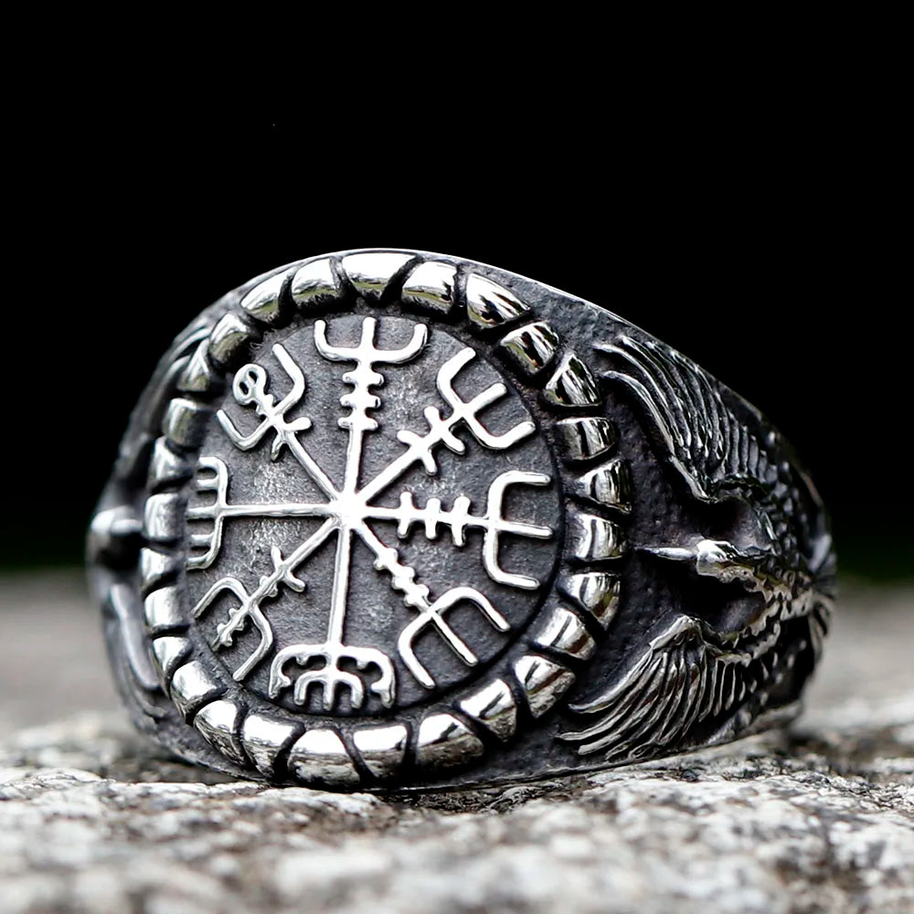 Vegvísir ring with eagle wings on each side