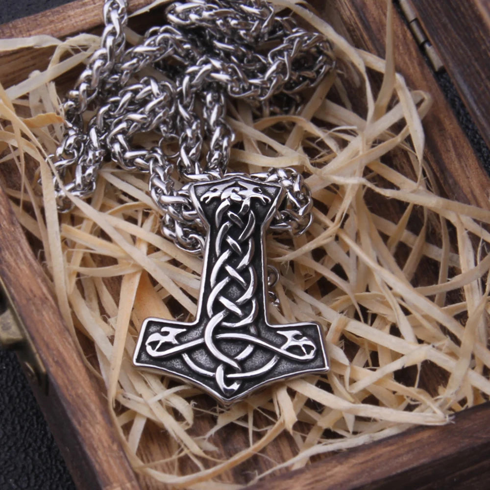 Jelling Art Engraved Dreki Mjölnir - Old Nordic Viking Dragon Amulet 0 The Pagan Trader Silver 50cm