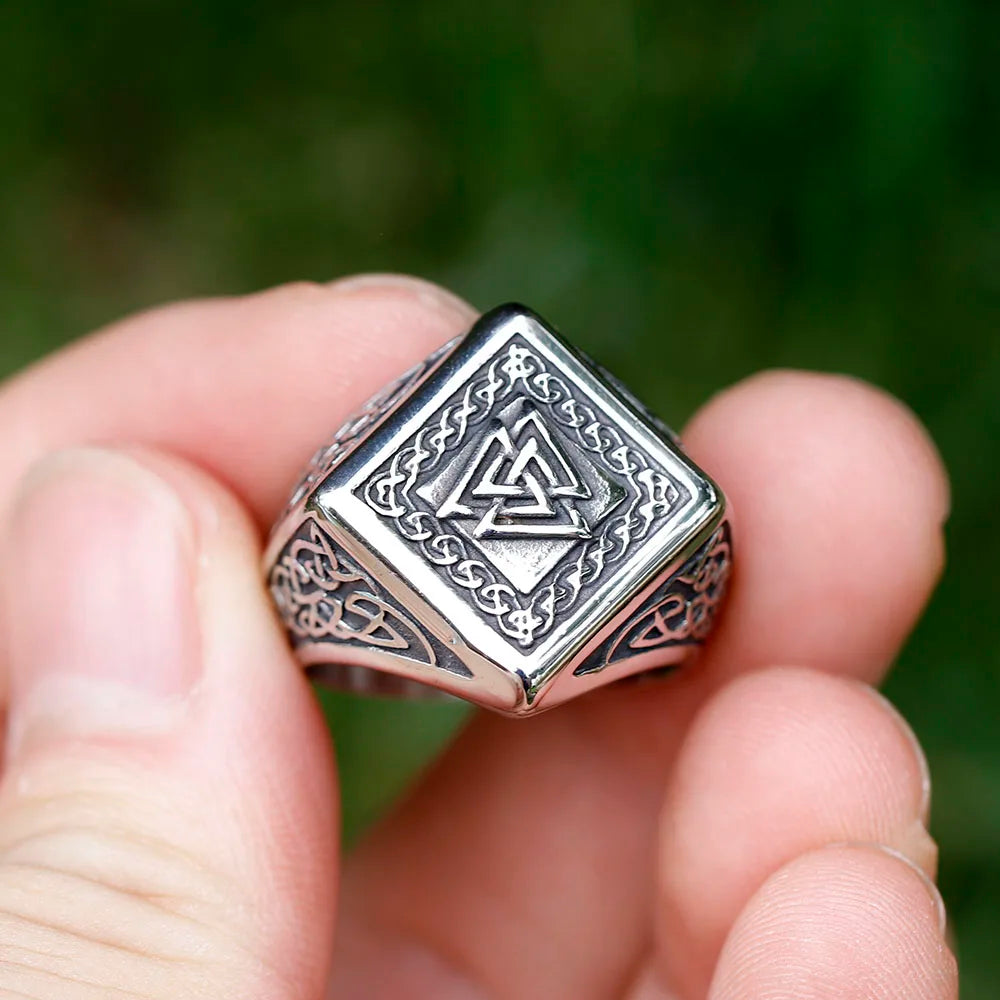 Close-up of Valknut symbol on Viking-inspired ring