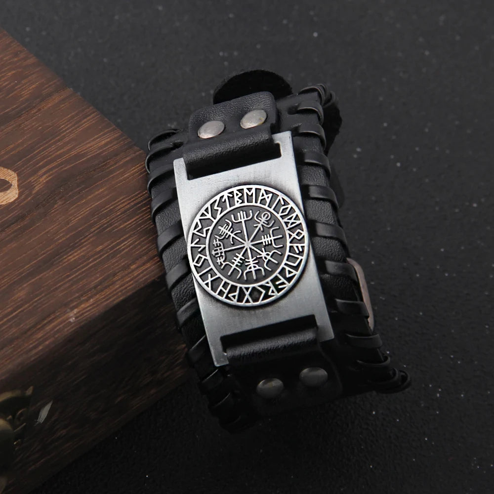 Icelandic Vegvísir Talisman - Rustic Wide Leather Viking Bracelet The Pagan Trader Black