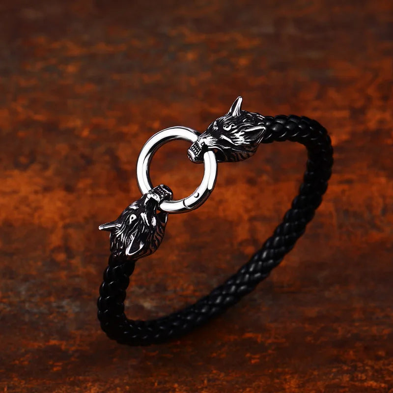 Wolf Head Leather Rope Norse Viking Bracelet  The Pagan Trader Small Style 18cm
