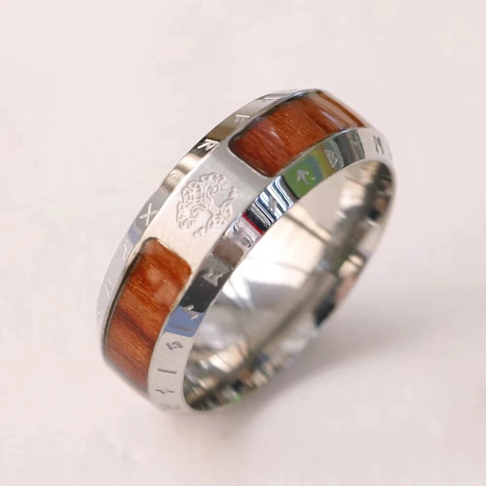 Norse mythology ring with timber accents and runes