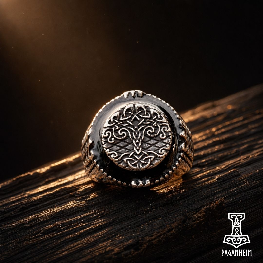 Stainless steel ring engraved with Yggdrasil World Tree and Web of Wyrd symbols